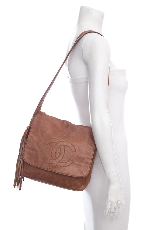 Chanel 1990 Brown Messenger Leather CC Bag with Fringe Detail