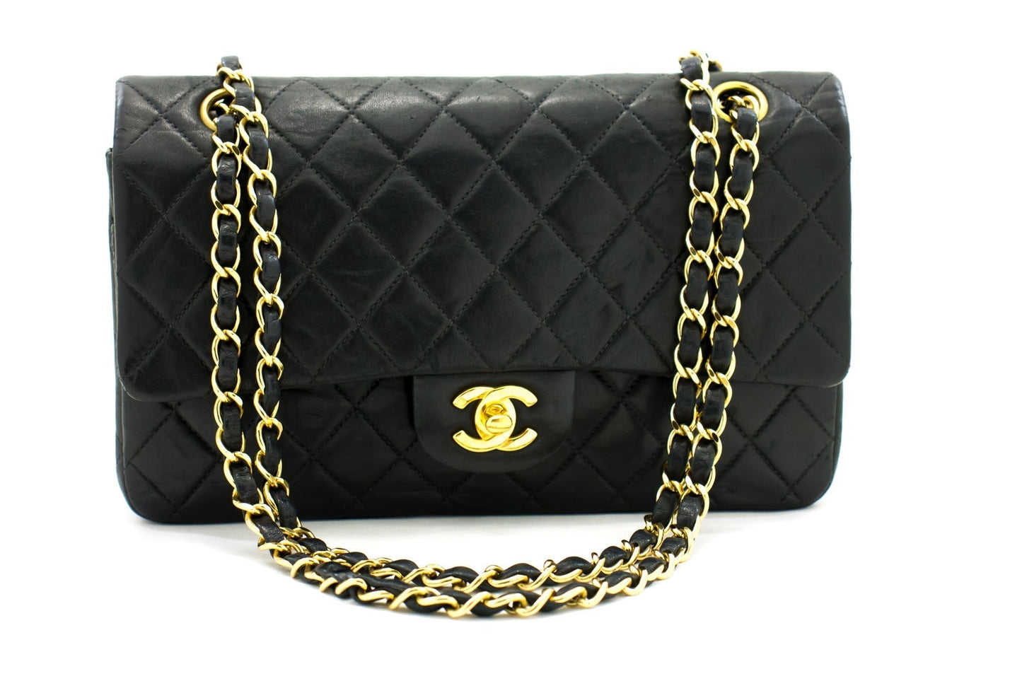 CHANEL 2.55 Double Flap Medium Chain Shoulder Bag Black Lambskin i51