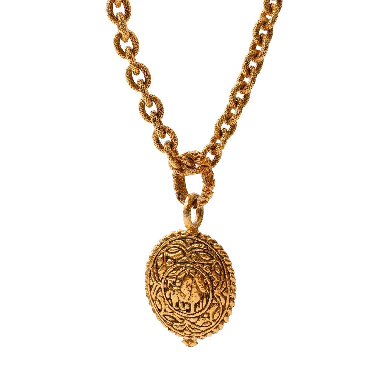 Chanel 24kt Gold Vintage Horse Medallion Necklace 