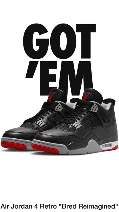 Air Jordan 4 Retro 'Bred Reimagined' Shock Drop Release Black Fire Red Sneakers for Men