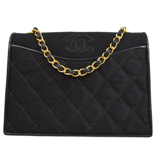 CHANEL 1989-1991 Black Satin Quilted Shoulder Bag 