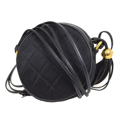 CHANEL 1989-1991 Round Shoulder Bag Black Satin 