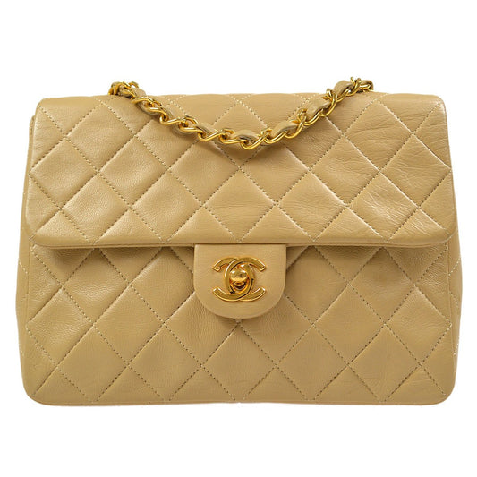 CHANEL 1989-1991 Single Chain Shoulder Bag Beige Lambskin 