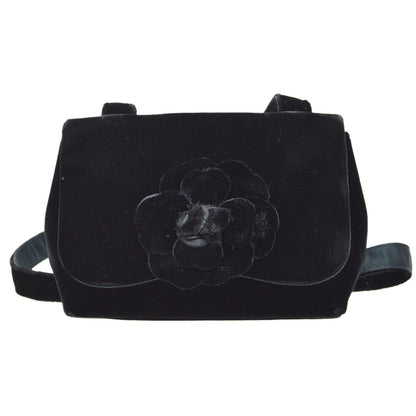 CHANEL 1991-1994 Camellia Crossbody Bag Black Velvet