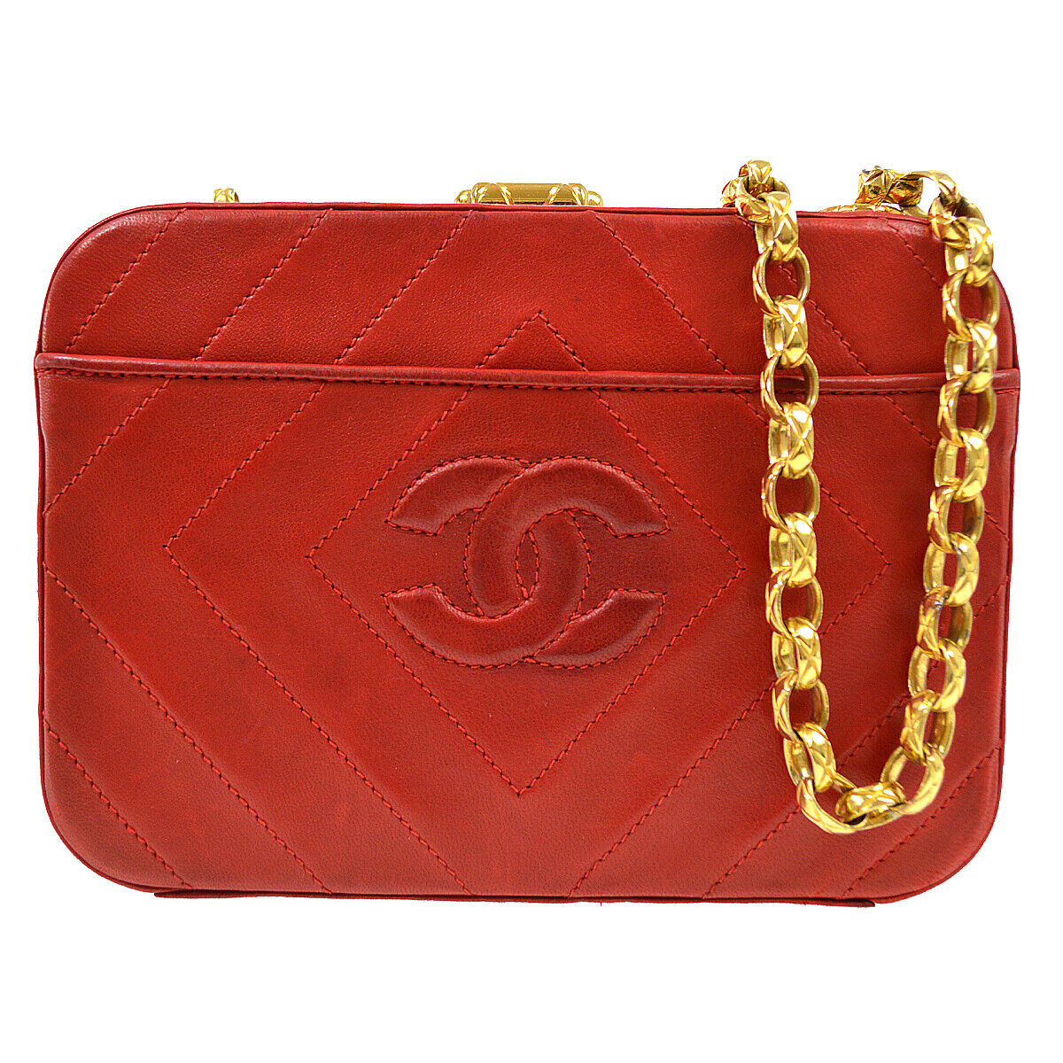 CHANEL 1996-1997 Diamond Box Vanity Shoulder Bag Red Lambskin 