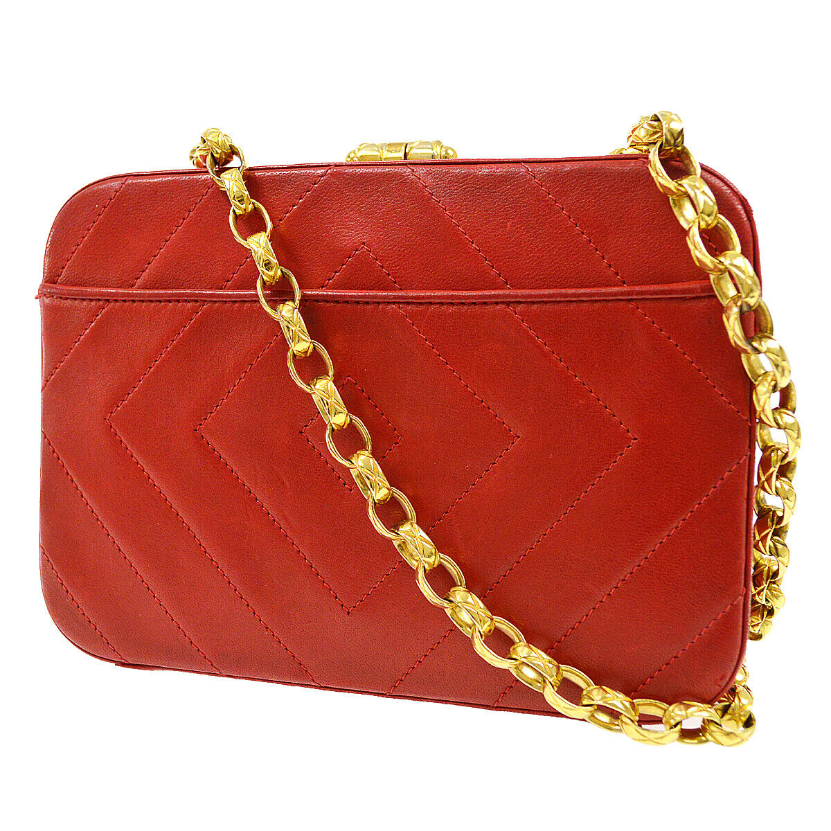 CHANEL 1996-1997 Diamond Box Vanity Shoulder Bag Red Lambskin 