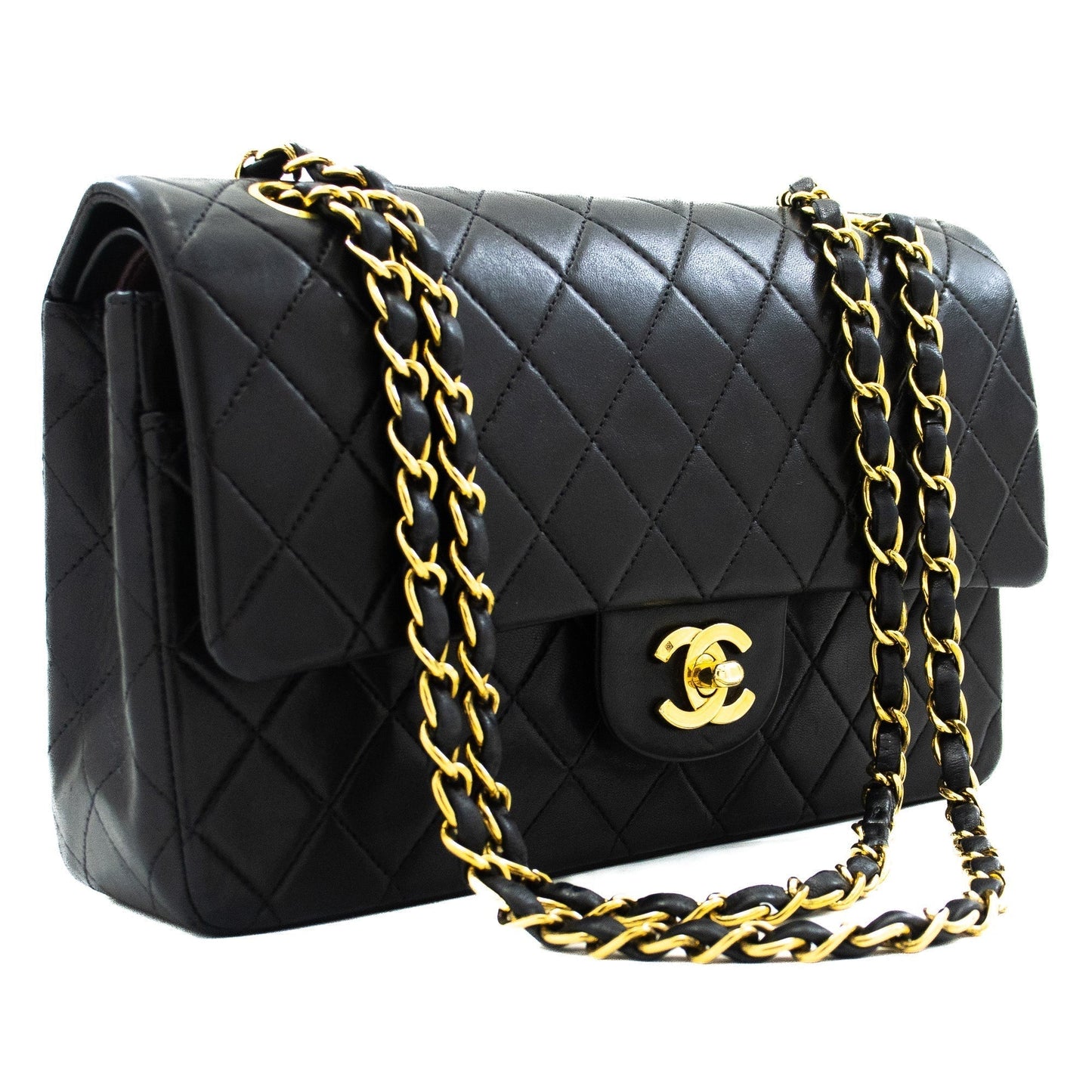 CHANEL 2.55 Double Flap Medium Chain Shoulder Bag Black Lambskin j94