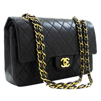 CHANEL 2.55 Double Flap Medium Chain Shoulder Bag Black Lambskin j94