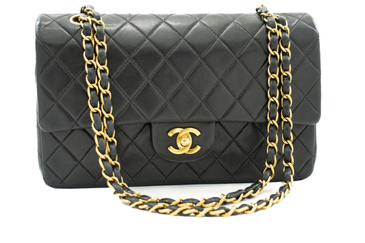 CHANEL 2.55 Double Flap Medium Chain Shoulder Bag Black Lambskin j94