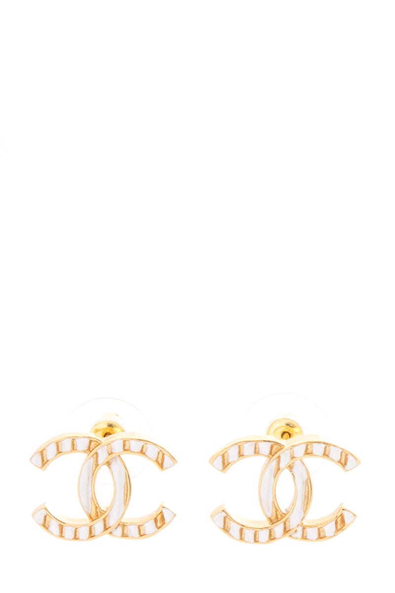 Chanel 2023 White &amp; Gold Interlocking CC Stripe Stud Earrings