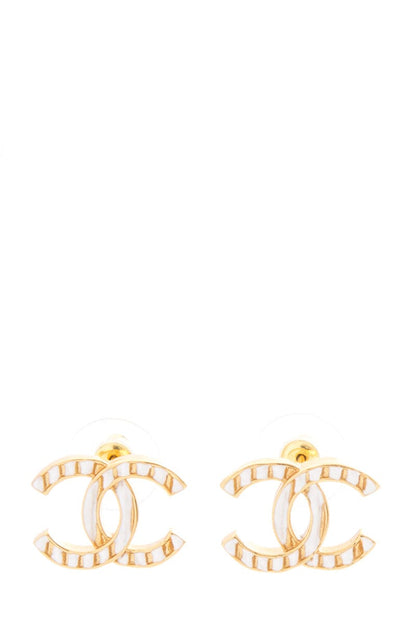 Chanel 2023 White &amp; Gold Interlocking CC Stripe Stud Earrings