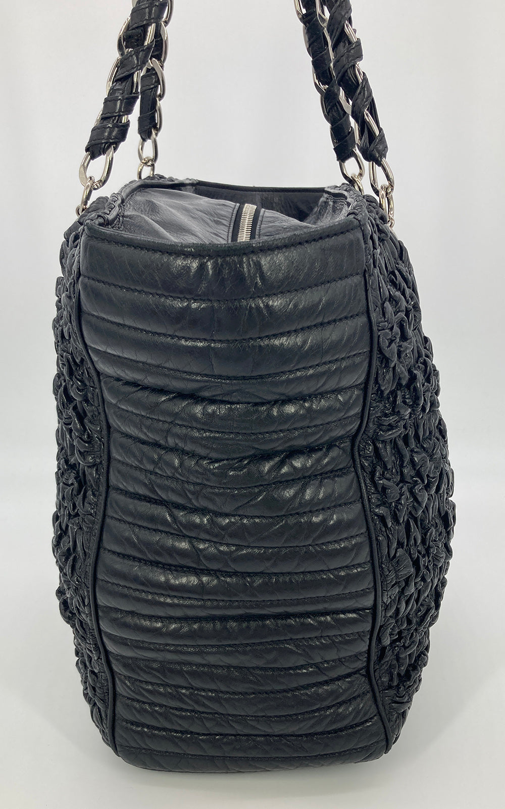 Chanel Astrakhan Black Leather Ruched Shopping Tote