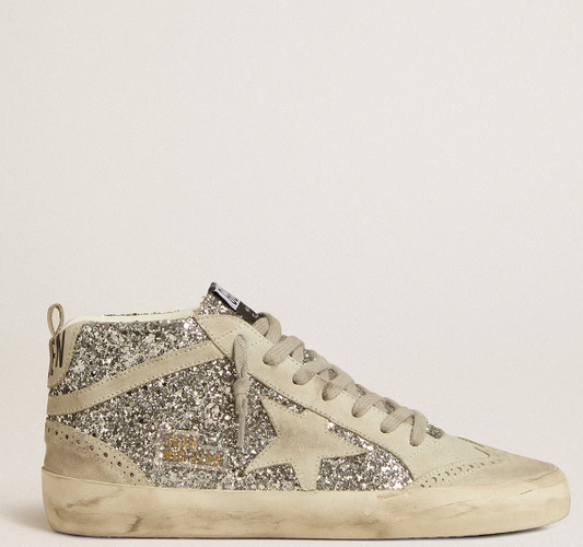 Mid Star in glitter argento con stella e virgola in suede ghiaccio