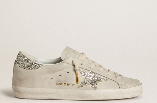 Women's Super-Star LTD in ivory nappa leather with platinum glitter star and heel tab