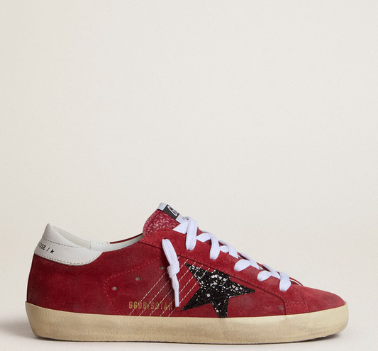 Women’s Super-Star in red suede with glitter star and white heel tab