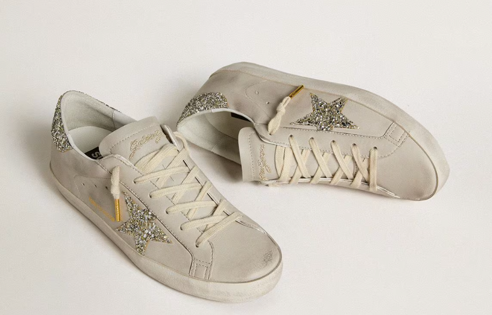 Women's Super-Star LTD in ivory nappa leather with platinum glitter star and heel tab