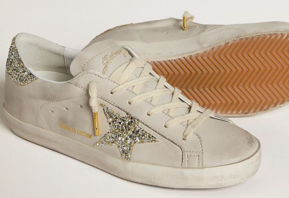 Women's Super-Star LTD in ivory nappa leather with platinum glitter star and heel tab