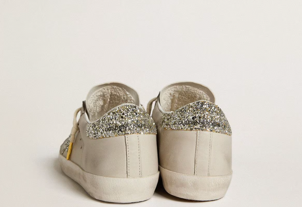 Women's Super-Star LTD in ivory nappa leather with platinum glitter star and heel tab