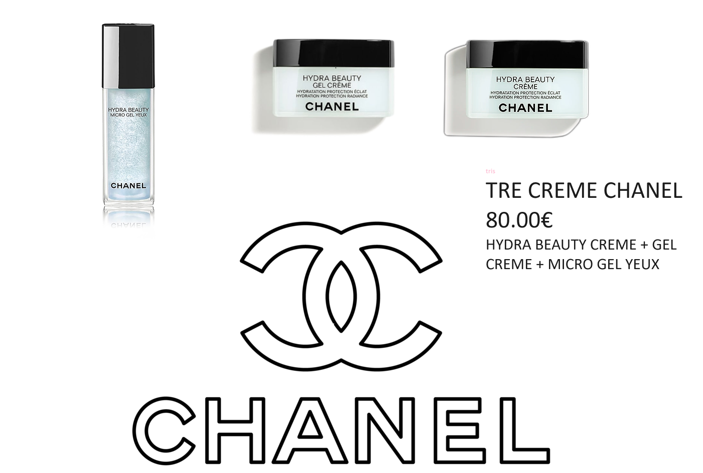 TRIS CREME CHANEL - HYDRA BEAUTY CREME 50G + GEL CREAM 50G + GEL YEUX 15ML