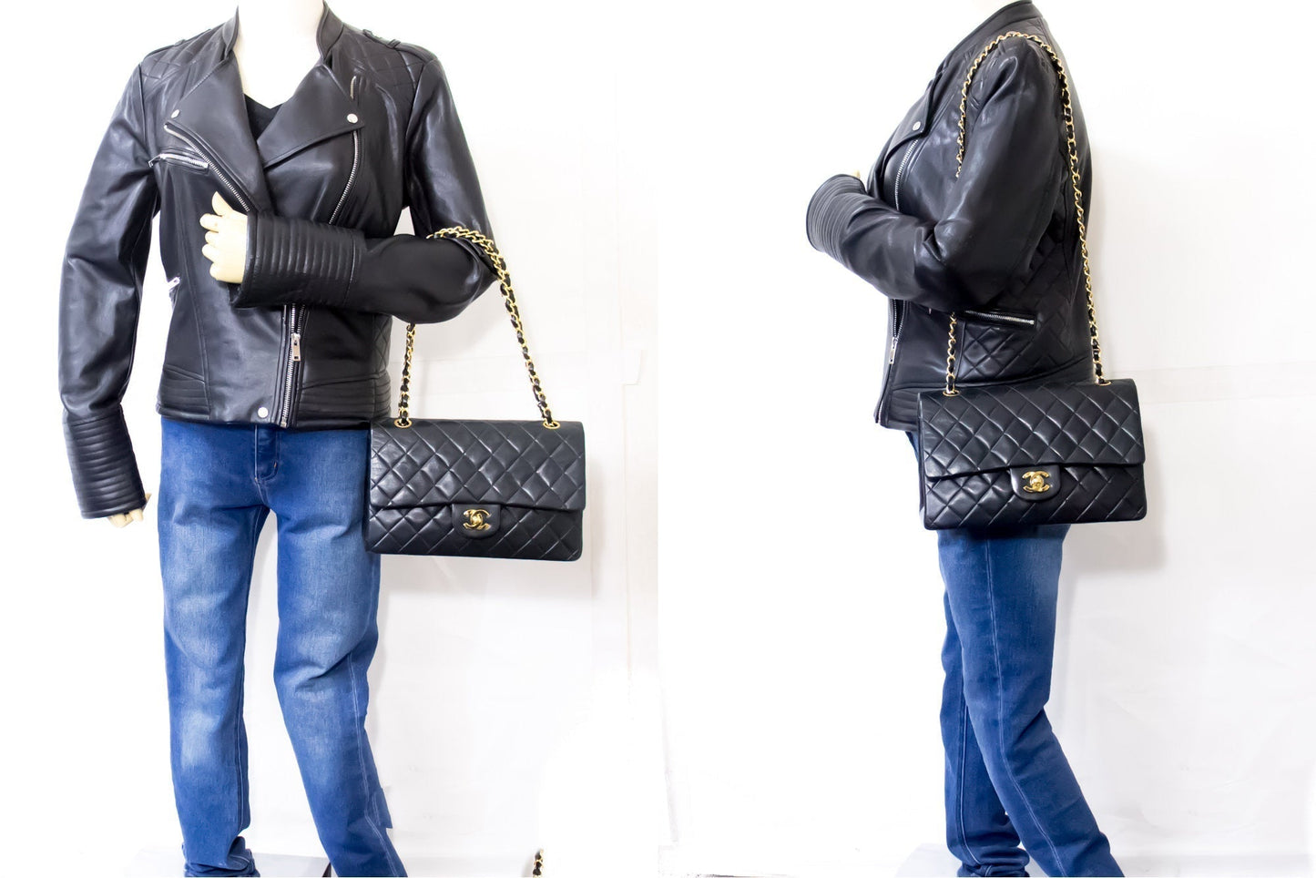 CHANEL 2.55 Double Flap Medium Chain Shoulder Bag Black Lambskin h93