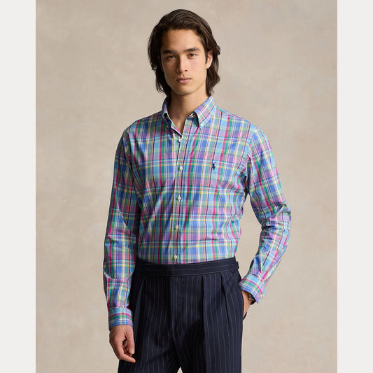 CUSTOM FIT PLAID STRETCH POPLIN SHIRT