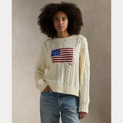 ARAN-KNIT FLAG COTTON SWEATER