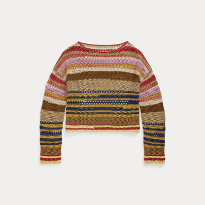 STRIPED LINEN-COTTON CROCHETED SWEATER