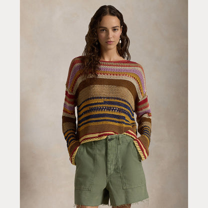 STRIPED LINEN-COTTON CROCHETED SWEATER