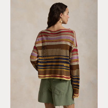 STRIPED LINEN-COTTON CROCHETED SWEATER