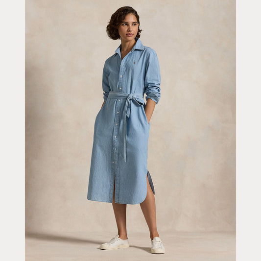 COTTON CHAMBRAY BELTED SHIRTDRESS