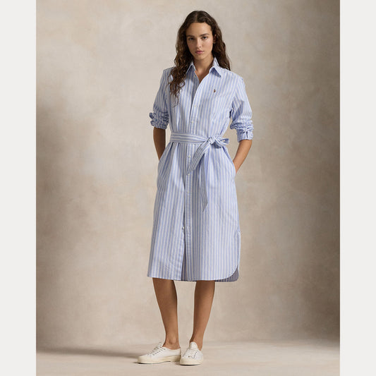 STRIPED COTTON OXFORD BELTED SHIRTDRESS