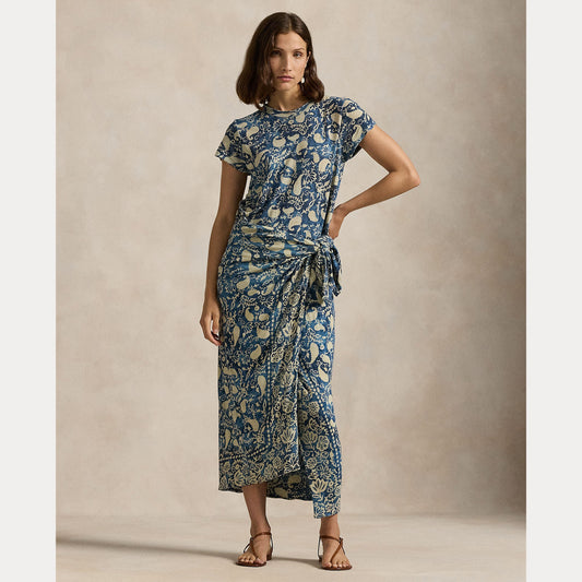 PRINT LINEN FAUX-WRAP DRESS