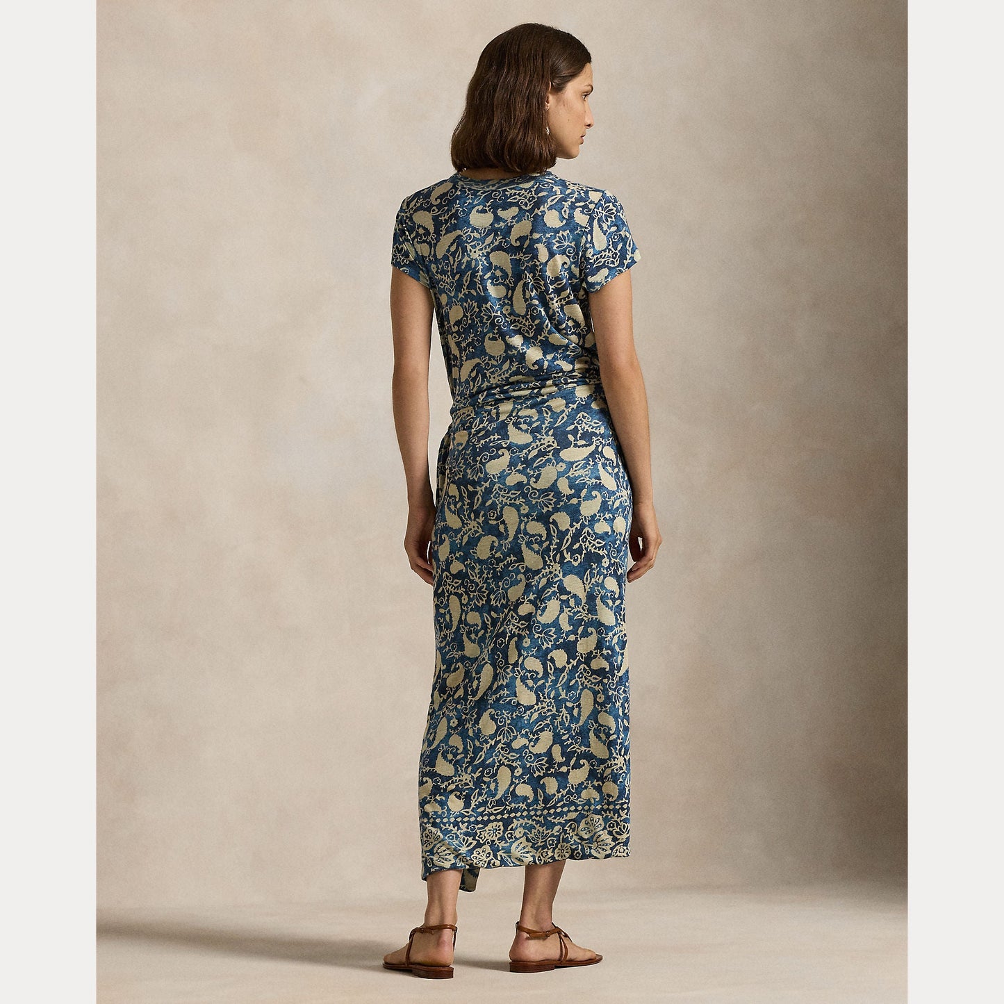 PRINT LINEN FAUX-WRAP DRESS