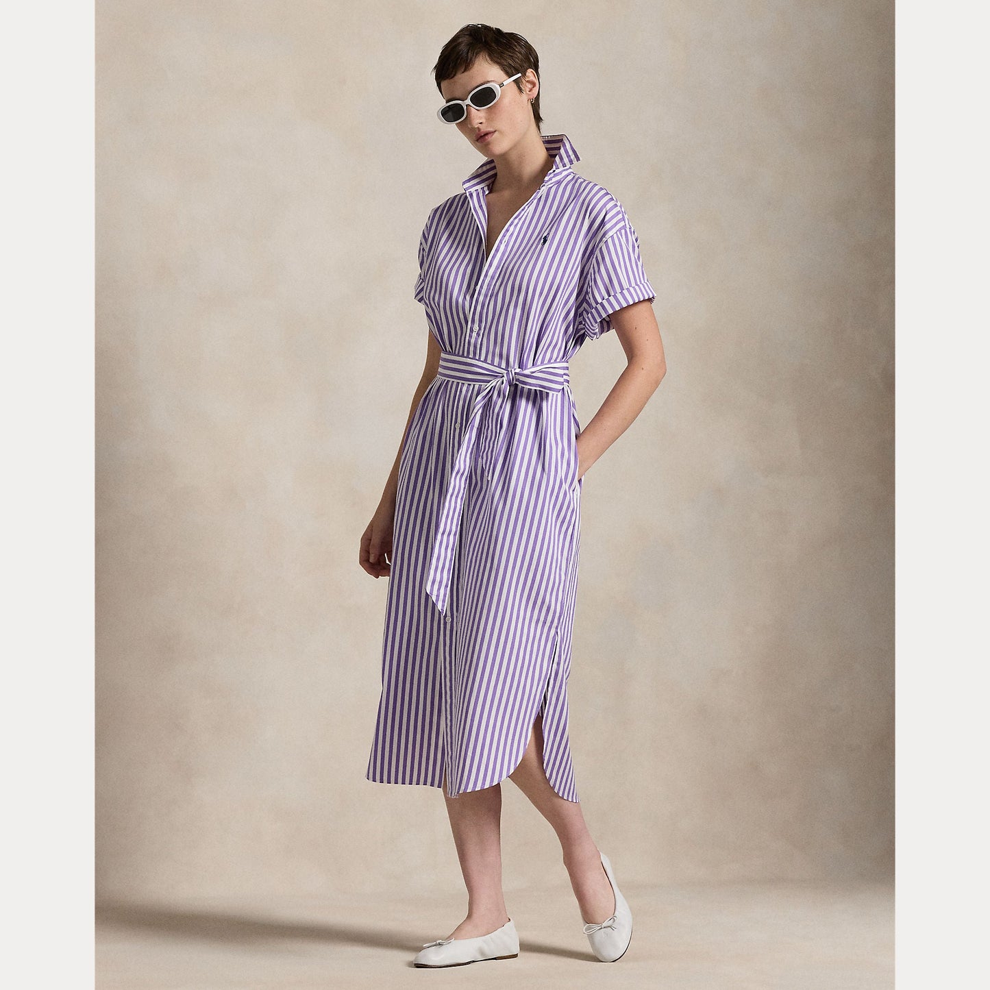 BELTED STRIPED COTTON SHIRTDRESS