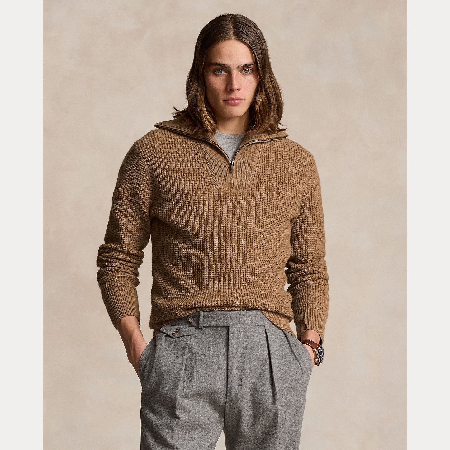 WAFFLE WOOL-COTTON QUARTER-ZIP SWEATER