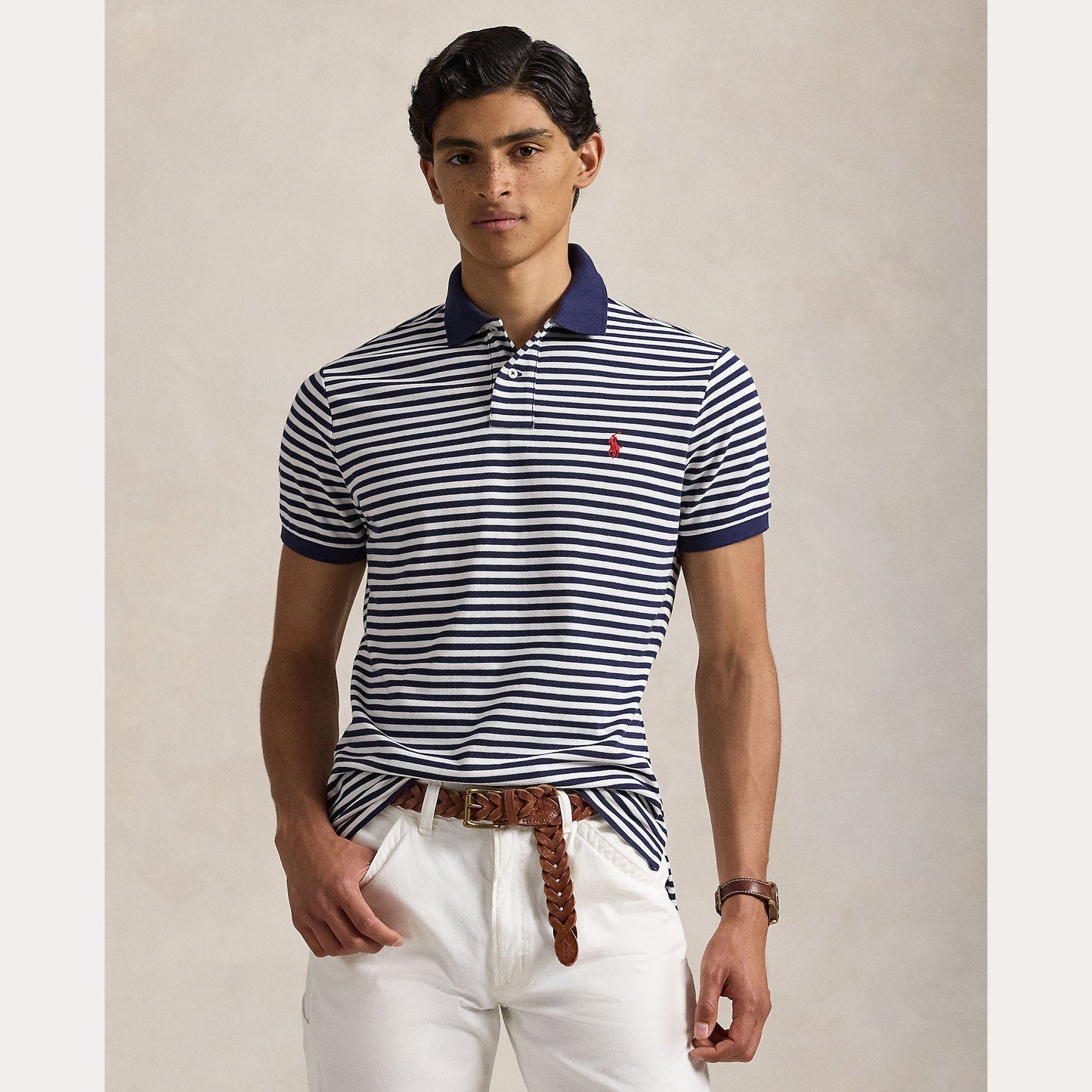 CUSTOM SLIM FIT STRIPED MESH POLO SHIRT