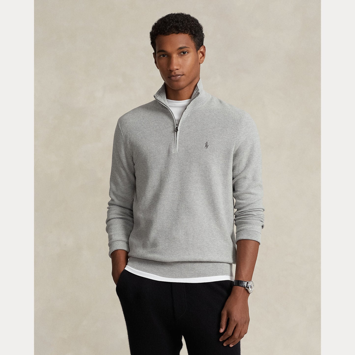 MESH-KNIT COTTON QUARTER-ZIP SWEATER