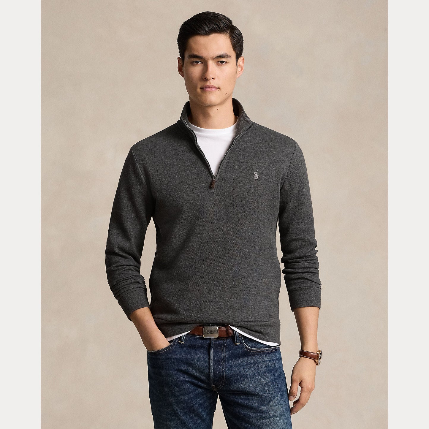 DOUBLE-KNIT MESH QUARTER-ZIP PULLOVER